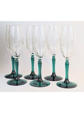 Set of 6 Libbey Crystal Green Champagne Flutes 1980s Retro Clear Bowl Green Stem